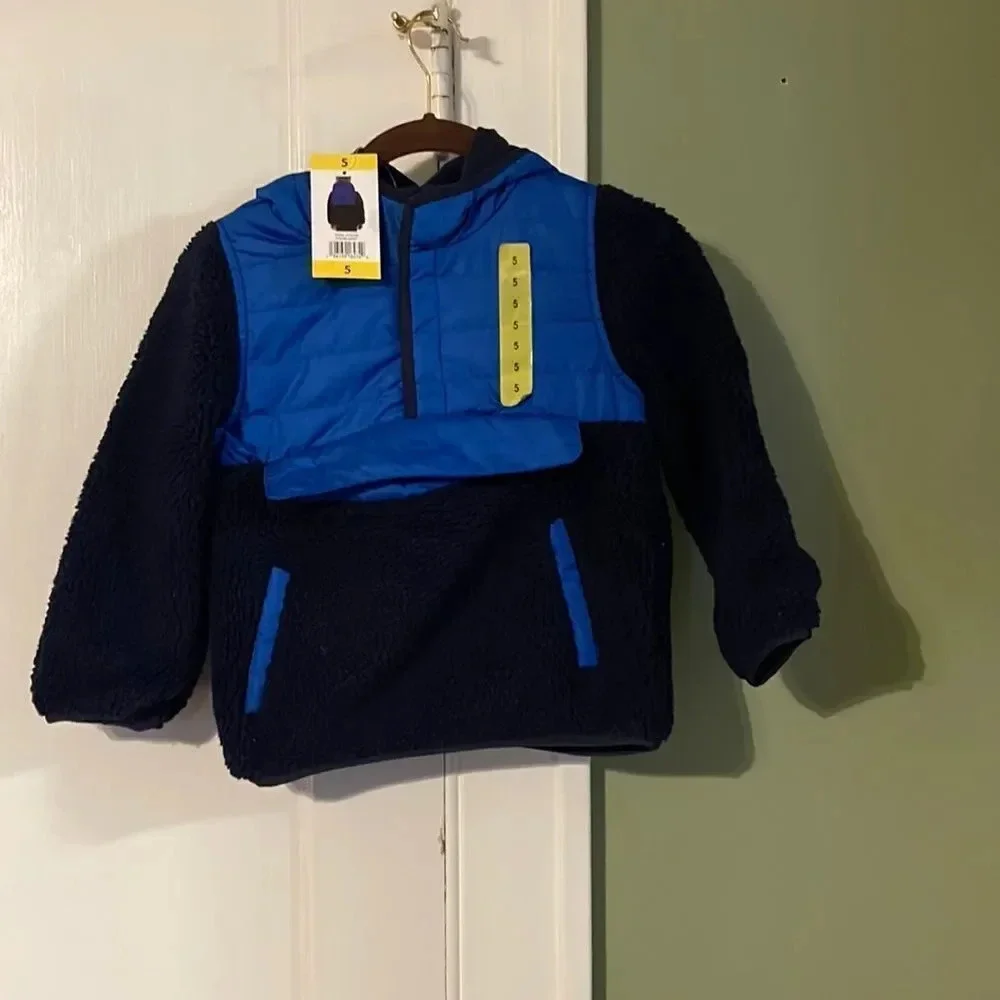 #12 1 Madison Sherpa Pullover Winer Jacket with Hood & Pront Pouch Blue Size 5